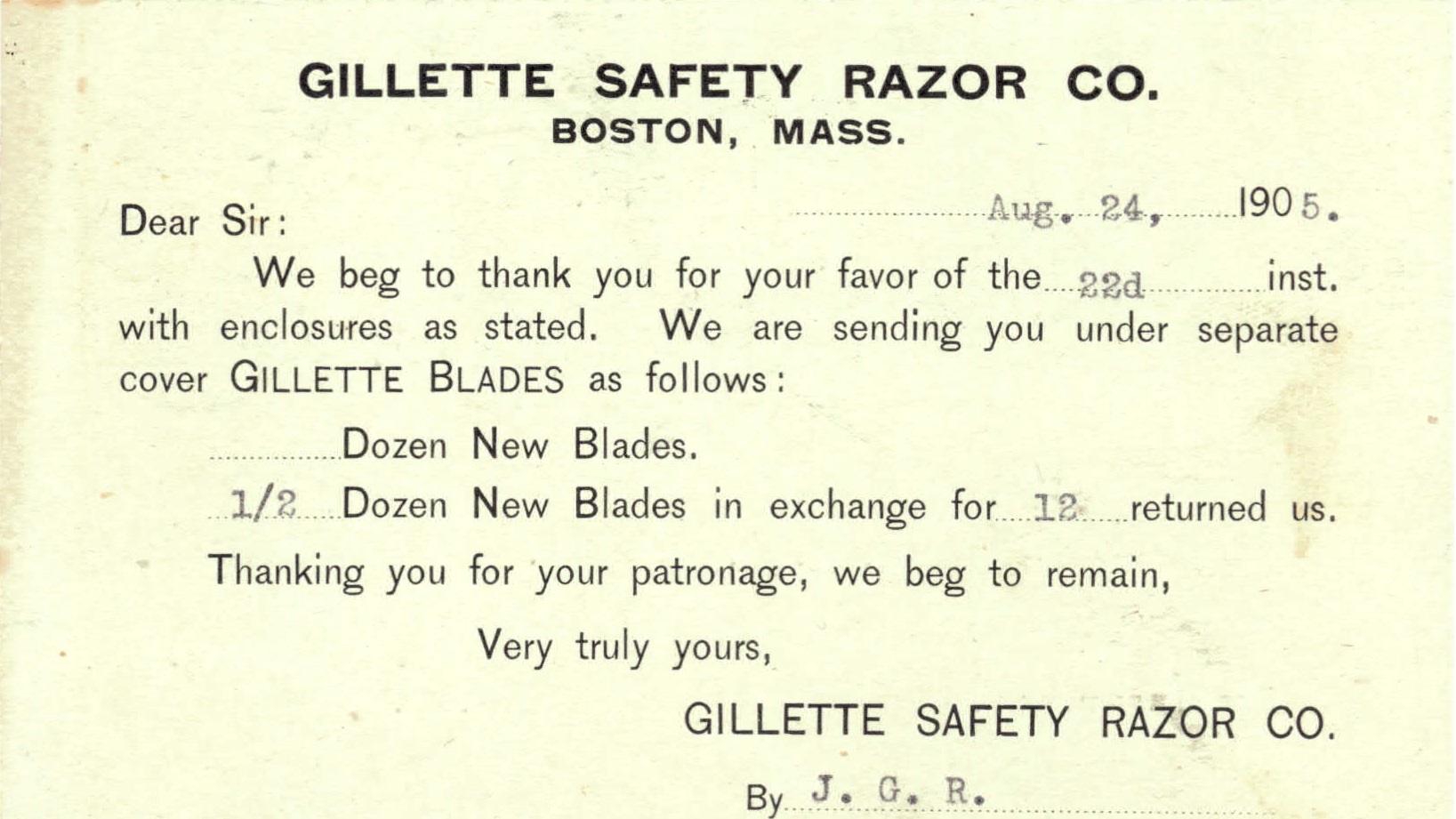 Gillette Postal Card 1905 Back